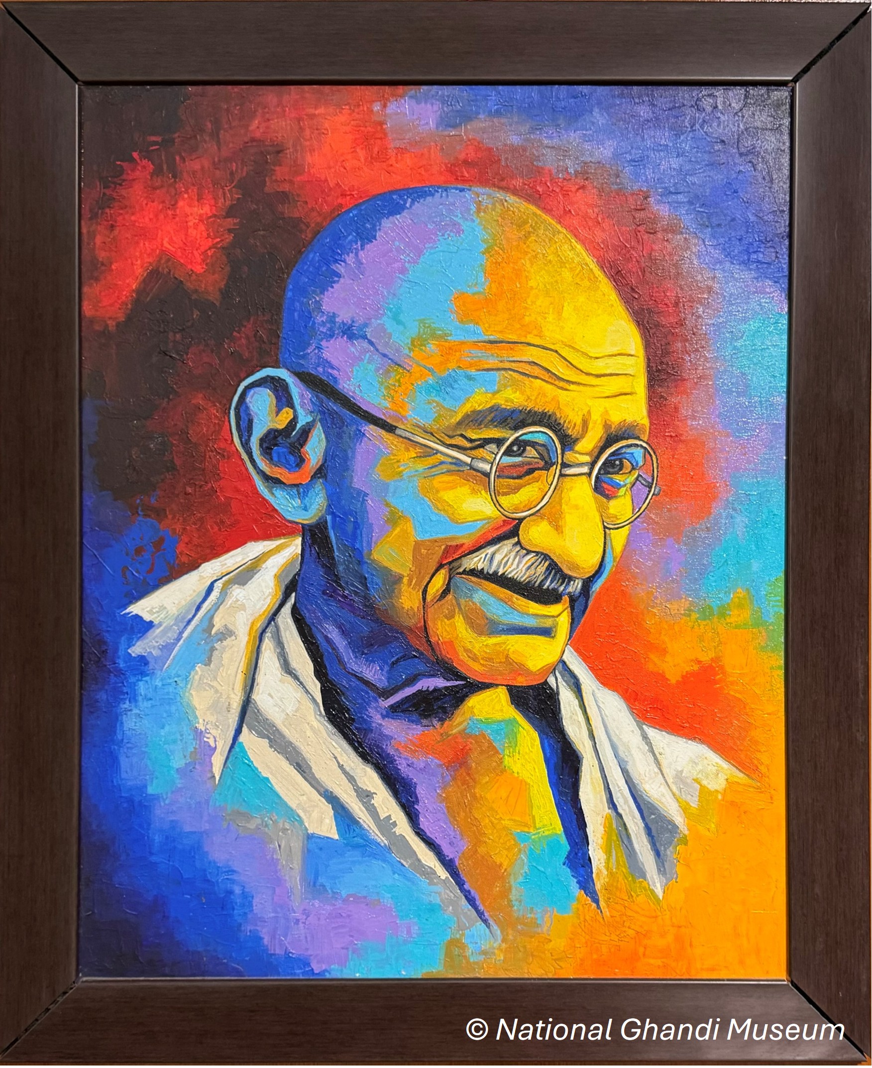 Portrait peint multicolore dans son cadre marron